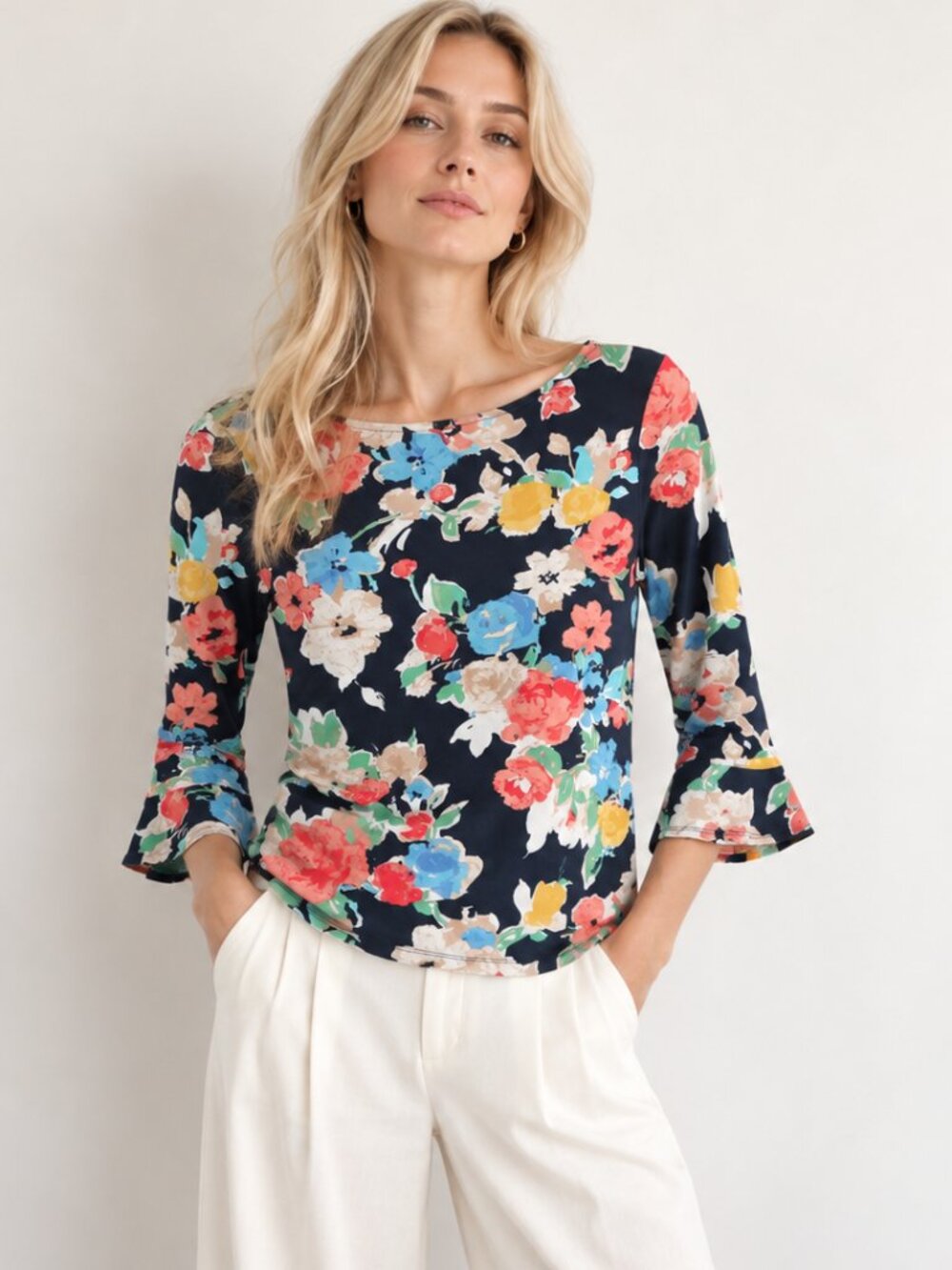 Lauren Ralph Lauren Navy Floral Cotton Bell Sleeve Top Boat Neck Blouse Size M